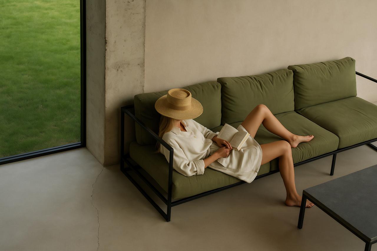 Person sitting on outdoor sofa with coffee table