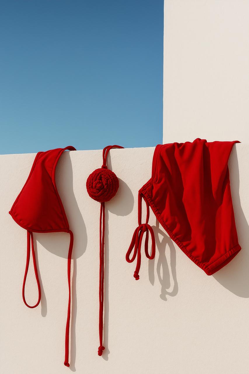 Red flag tied in knot on textile background
