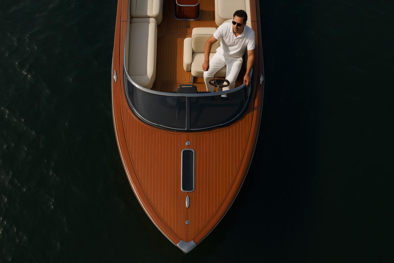 Picnic boat cruising on water, showcasing naval architecture and varnish