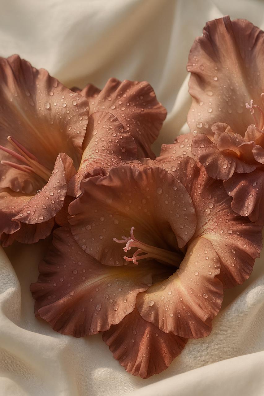 Pink gladiolus, roses, hibiscus, geraniums in macro floral bouquet