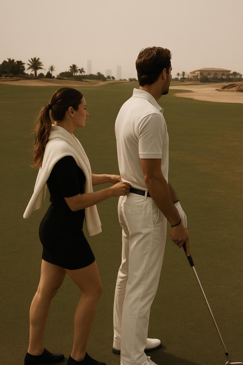 Professional golfer on golf course with clubs