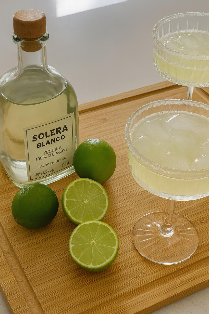 Glass bottle, citrus fruits, cocktail ingredients on tableware