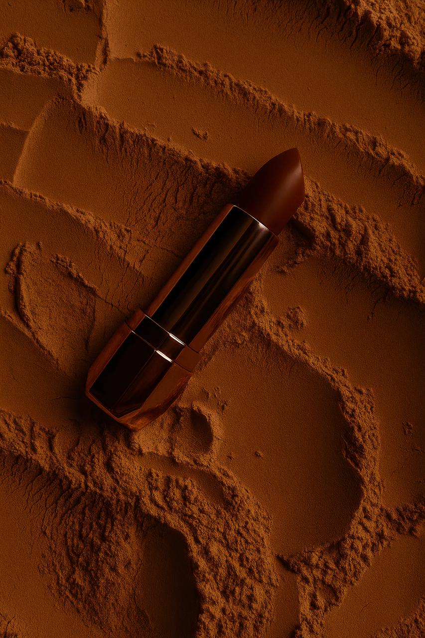 Close-up of lipstick, lip care products, lip gloss, and nail polish on sandy background