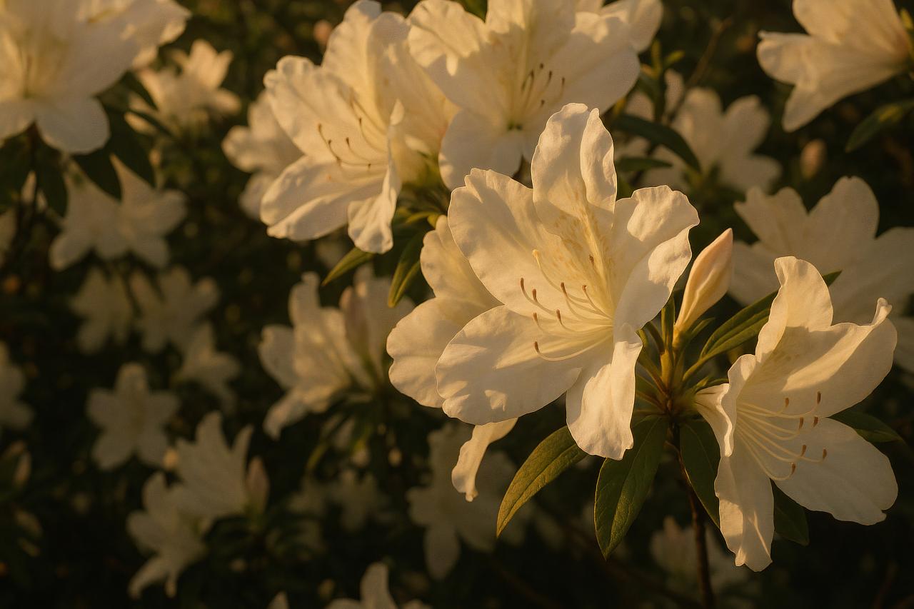 White azalea and lilies in full bloom