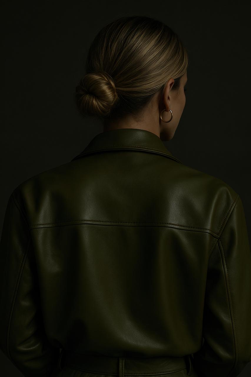 Black leather jacket on hanger