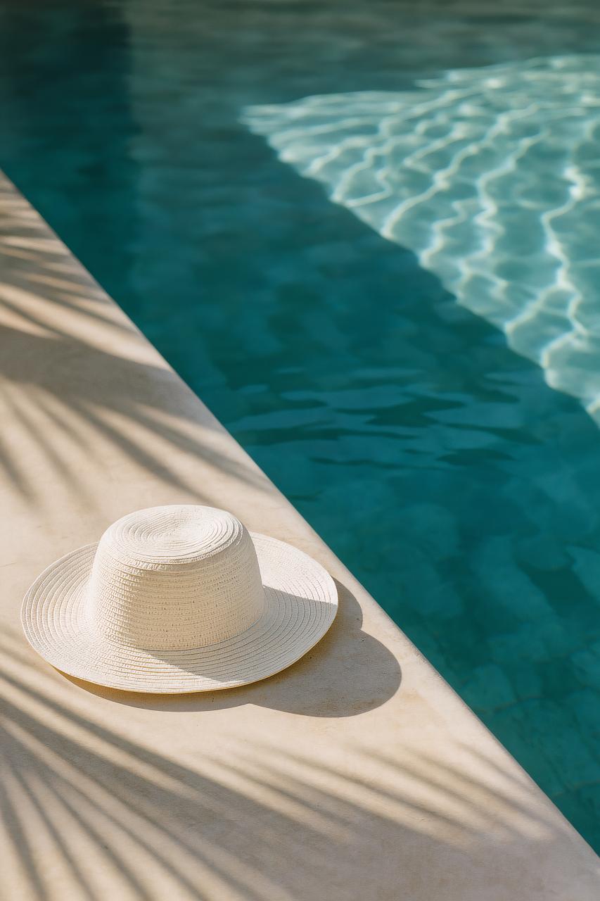 Swimming pool, sun hat, fedora, leisure vacation scene