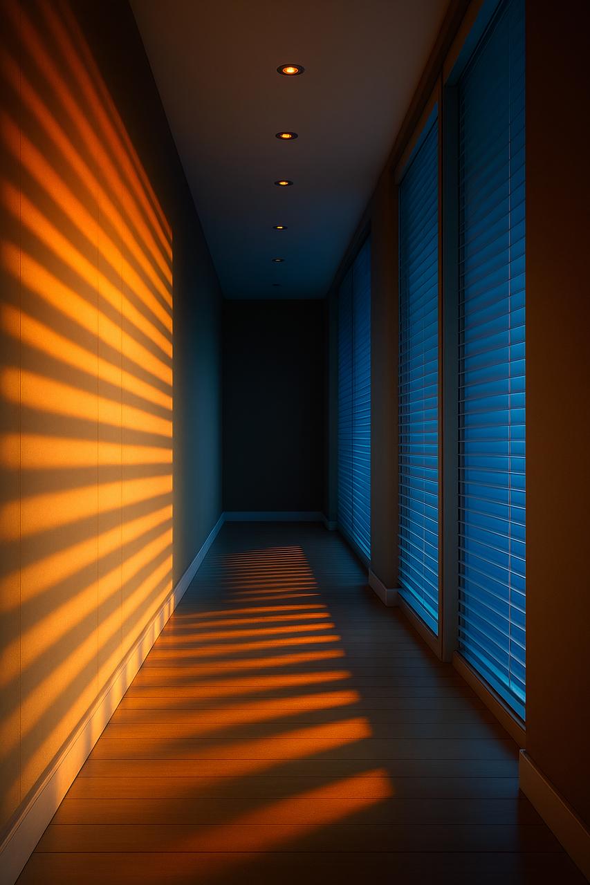 Symmetrical wood flooring in warm hues with lighting and shadows