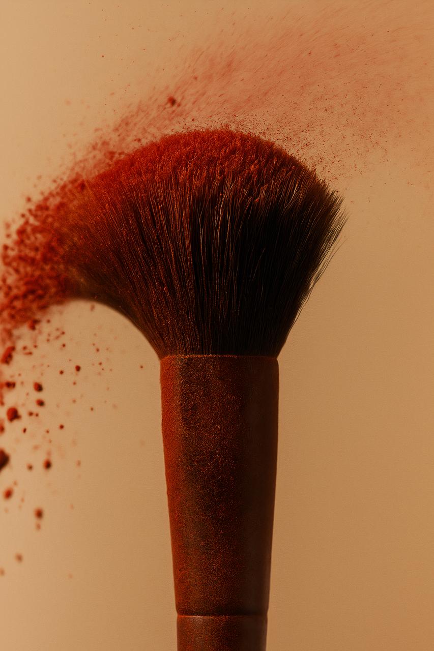 Assortment of vibrant red, brown, and orange makeup brushes