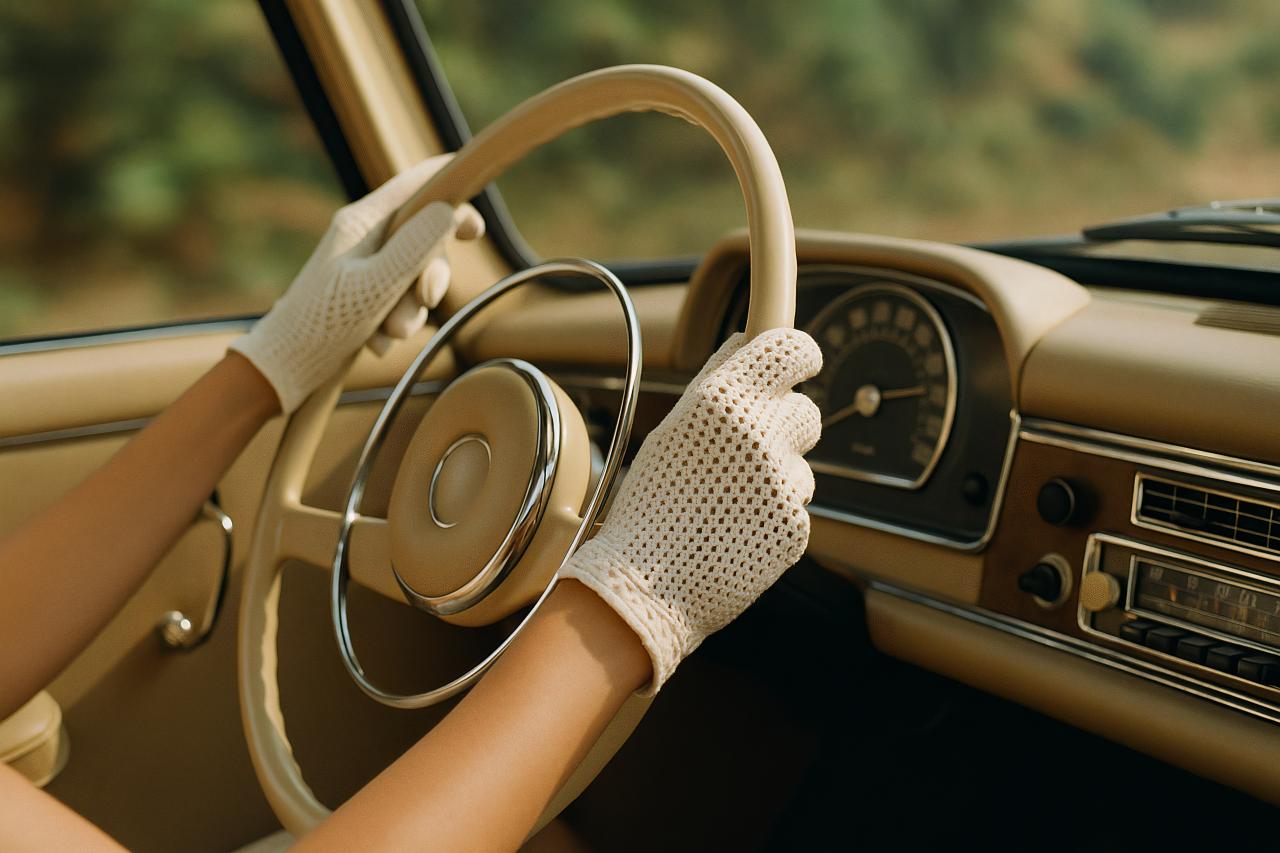 Vintage Mercedes-Benz car steering wheel and classic car door