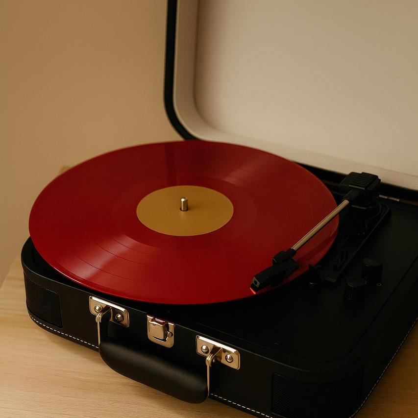 Vintage record player with spinning phonograph record and handbag