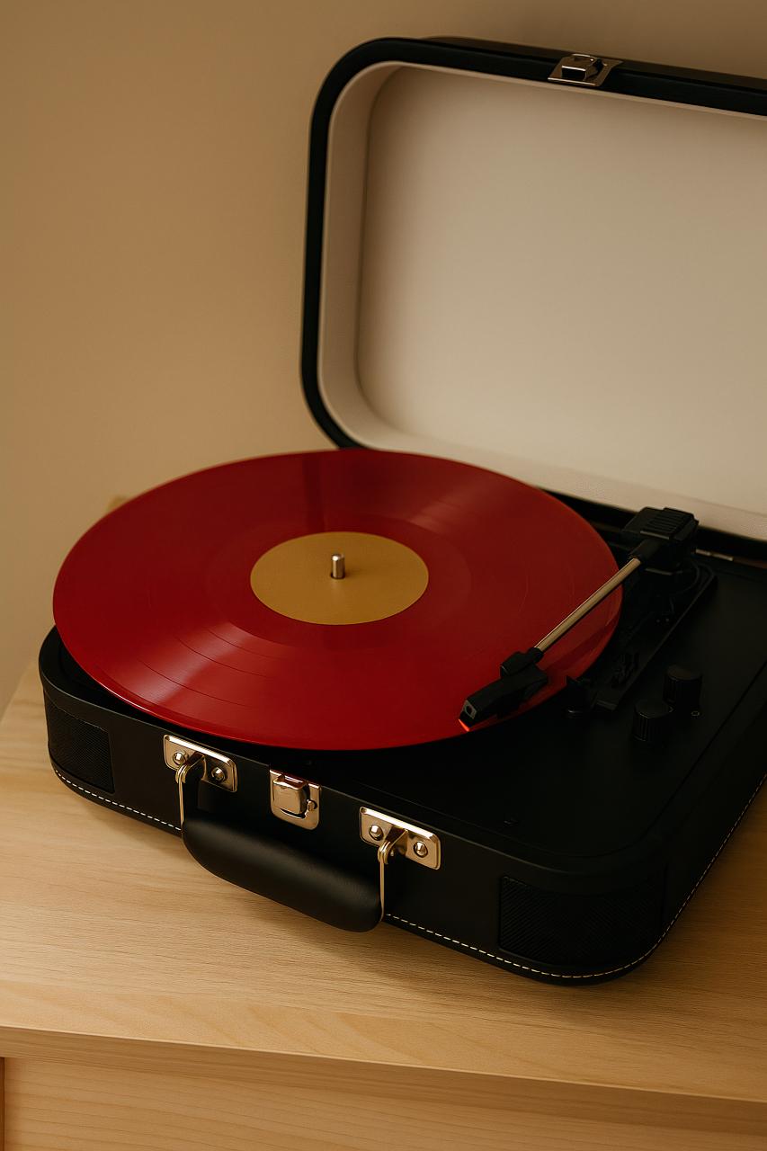 Vintage record player with spinning phonograph record and handbag