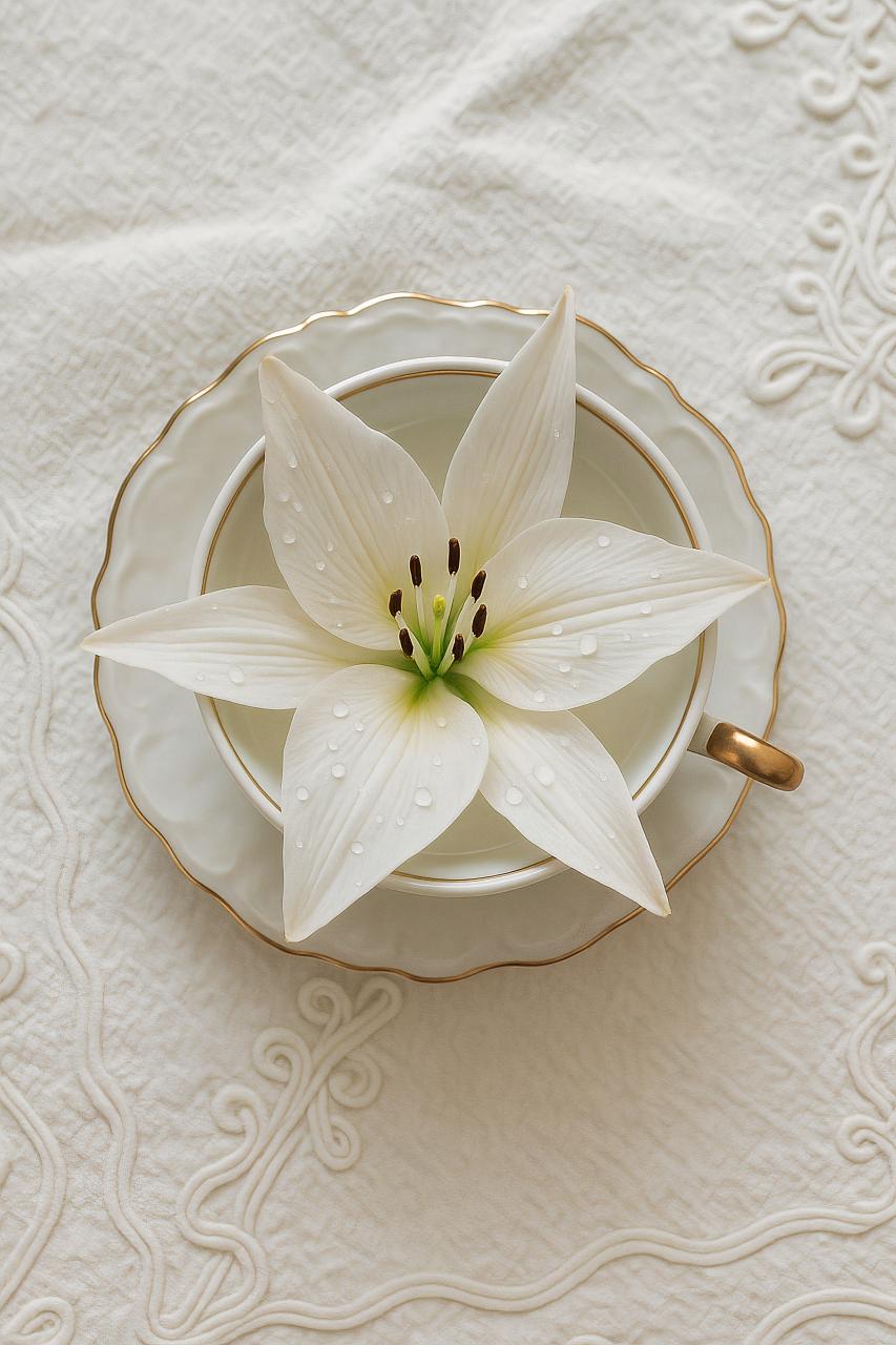 White lily porcelain plate with flowers and ceramic tableware