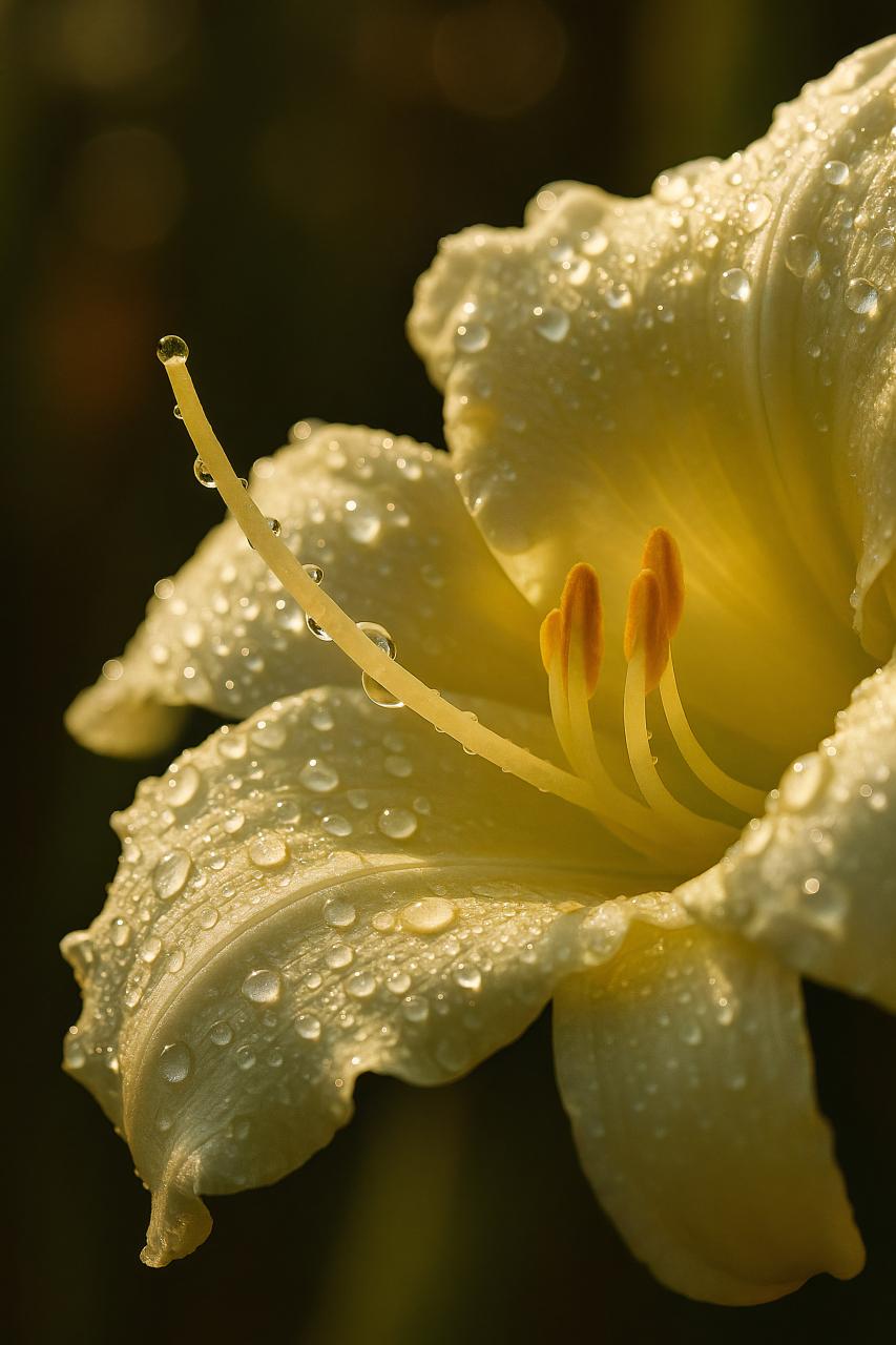 Yellow lily flower petals covered in dew drops
