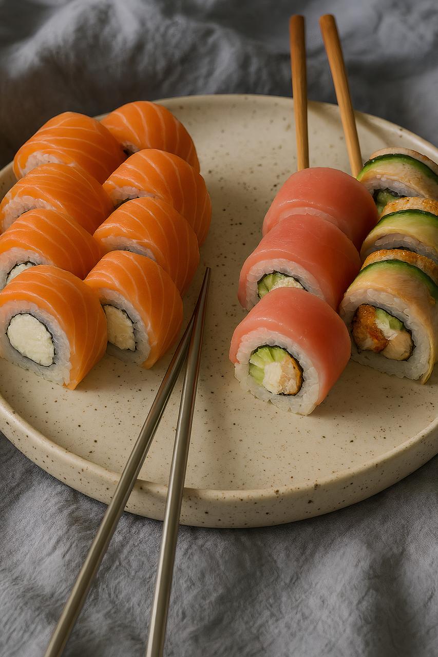 California roll breakfast plate with salmon, lox, and sashimi