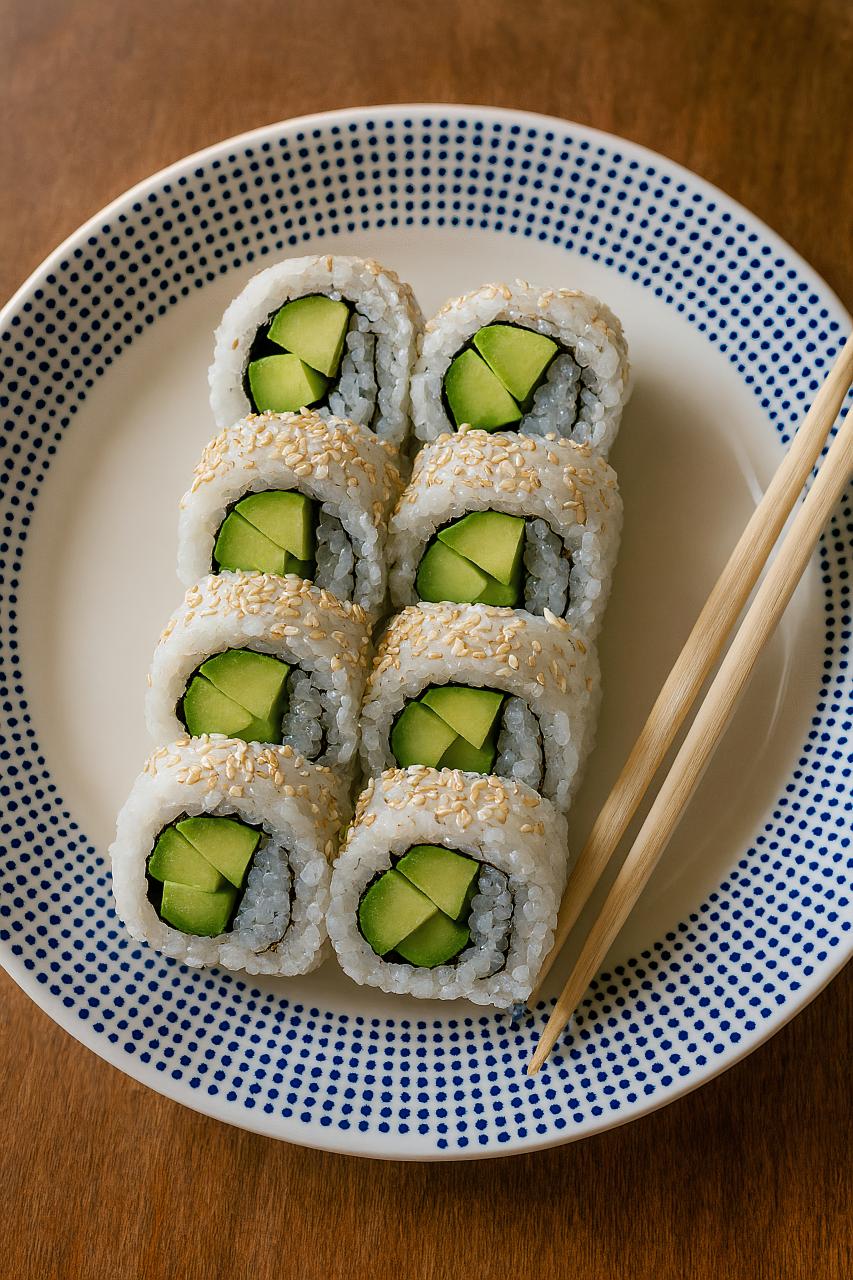 Assortment of California roll sushi ingredients on dishware