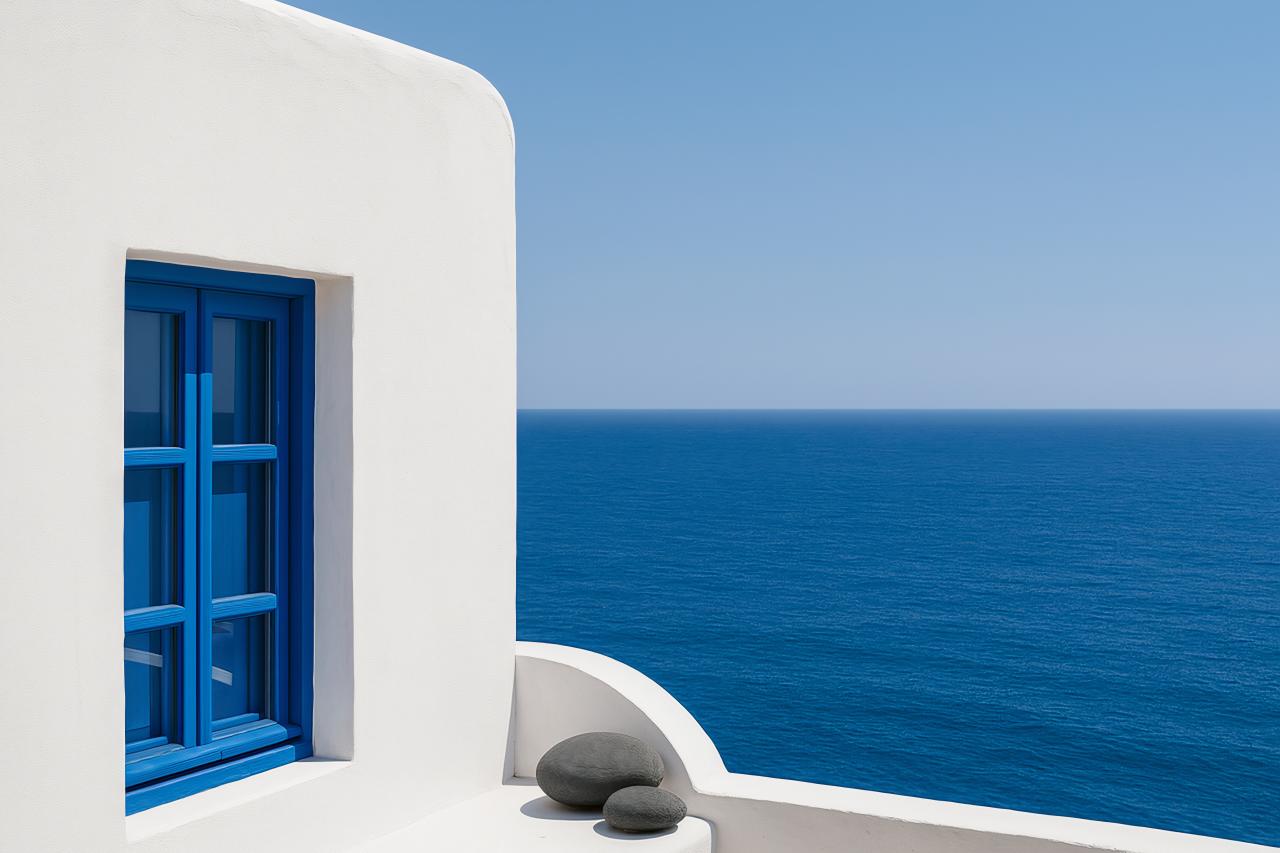 Blue door on coastal home overlooking sea