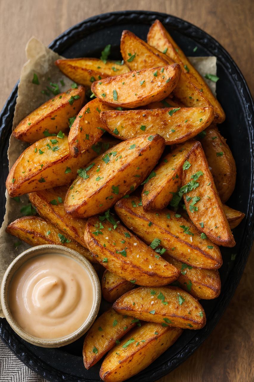Crispy potato wedges on tableware