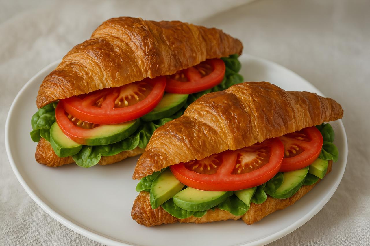 Delicious breakfast sandwich with croissant, tomatoes, and vegetables