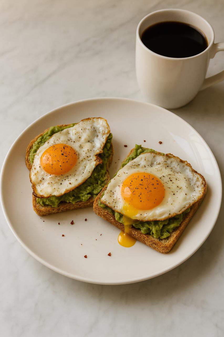 Full breakfast spread with fried egg, toast, coffee, and more