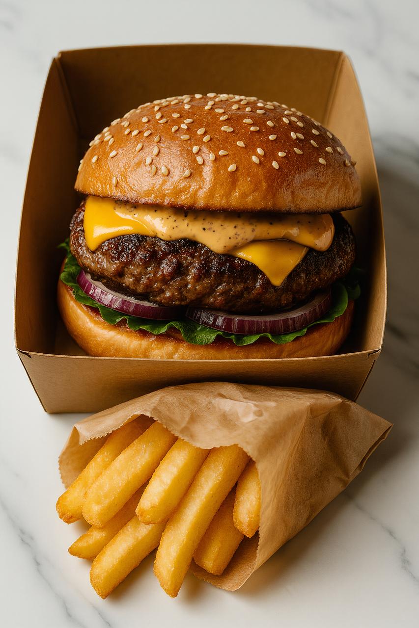 Cheeseburger, french fries, fast food meal