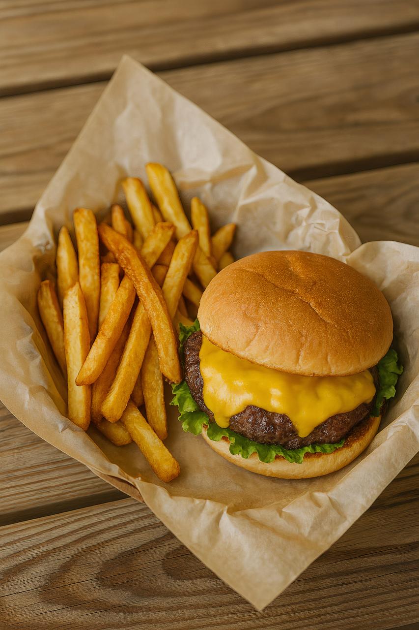 Burger, fries, fast food meal