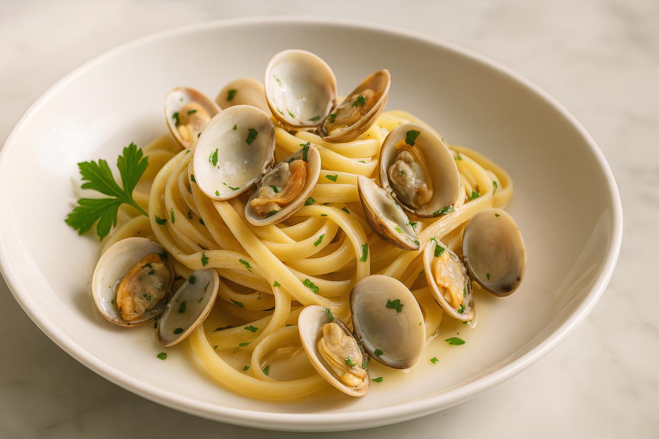 Spaghetti alle vongole with clams, pasta, shellfish, Italian cuisine