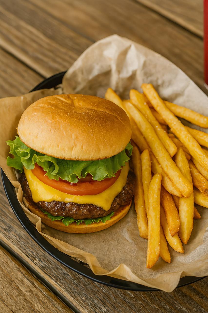 Cheeseburger, french fries, vegetables, fast food spread