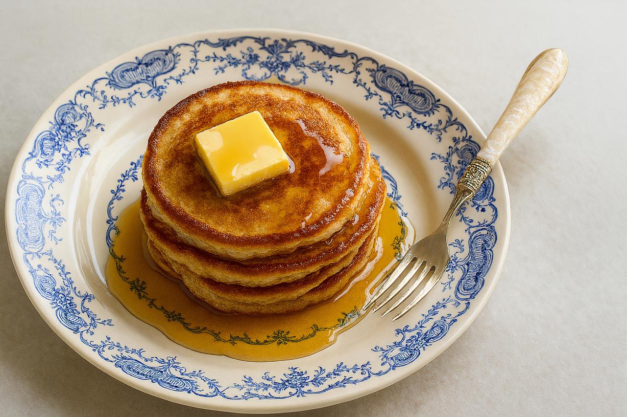 Pannekoek, hotteok, johnnycake, and belgian waffle on a breakfast plate