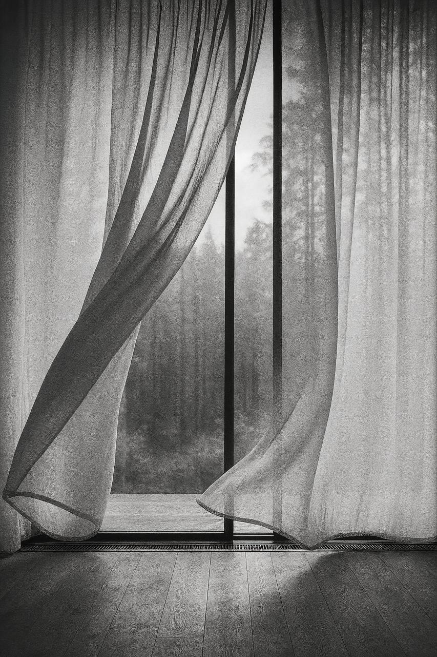 White curtain on window, monochrome still life