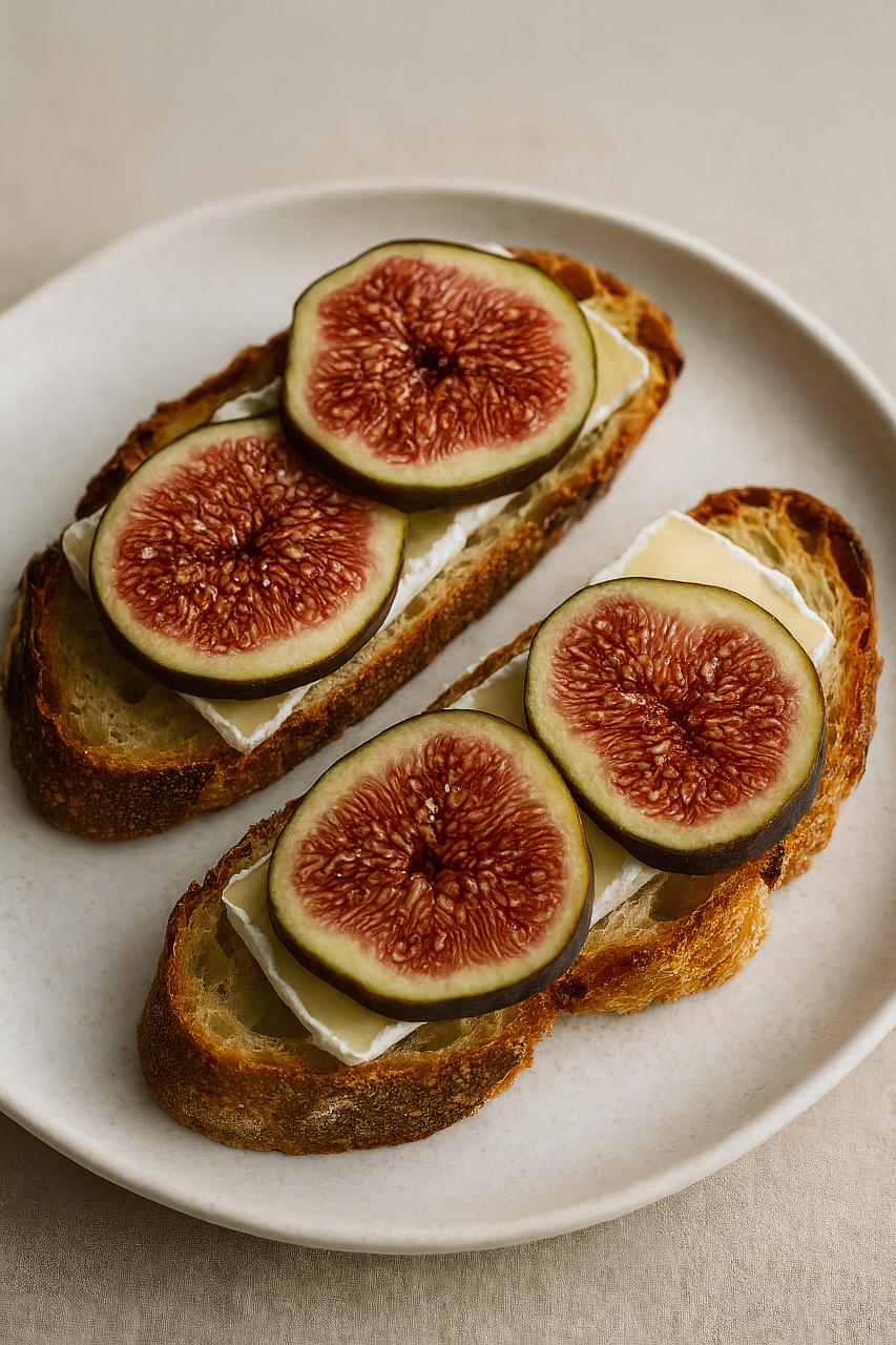 Fig breakfast toast with fresh fruit, cheese, and lemon