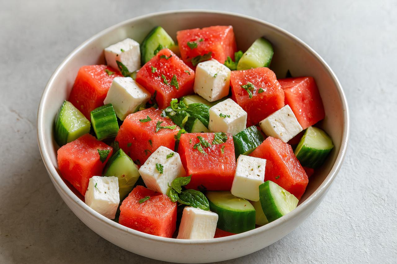 Fresh fruit salad with watermelon, strawberries, tomatoes, feta, goat cheese, and paneer