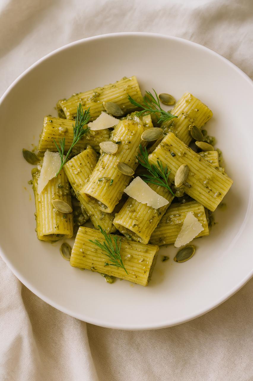 Pasta with pancetta, rigatoni, produce, fines herbes, and vegetables