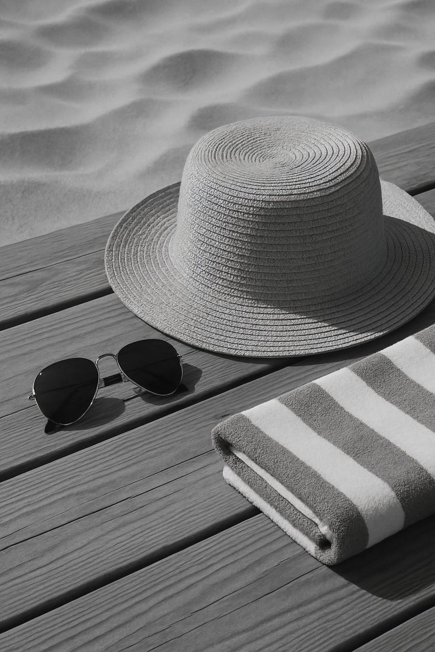 Monochrome hat collection on person at beach