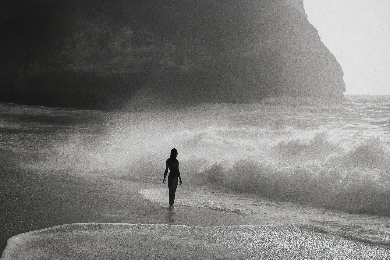 Monochrome ocean waves crashing on coast