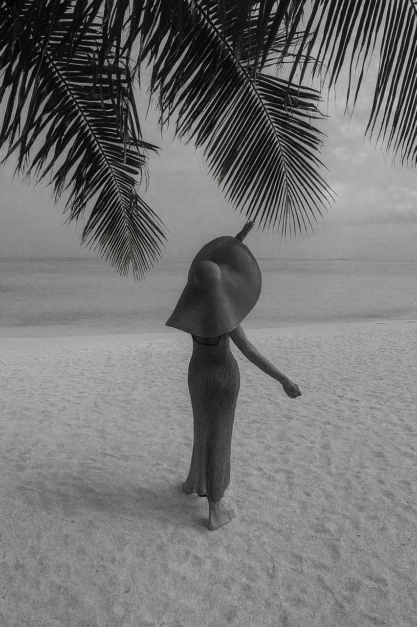 Monochrome beach scene with palm trees, sun hat, and sand