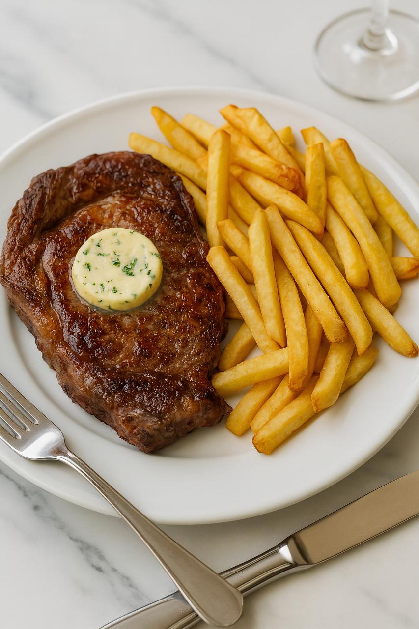 Sizzling steak frites with golden fries on tableware