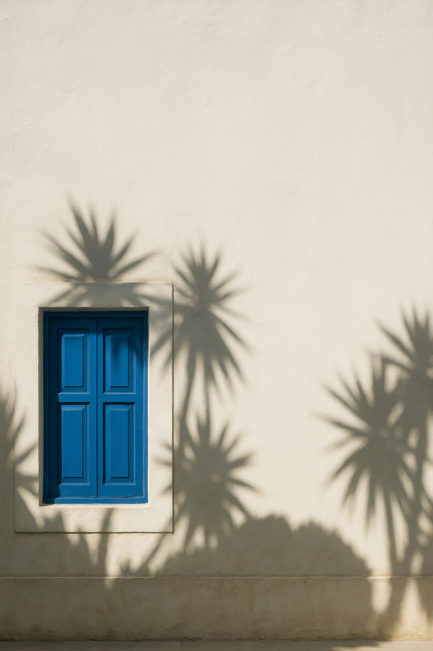 Blue door of a tropical home surrounded by palm trees and shadows