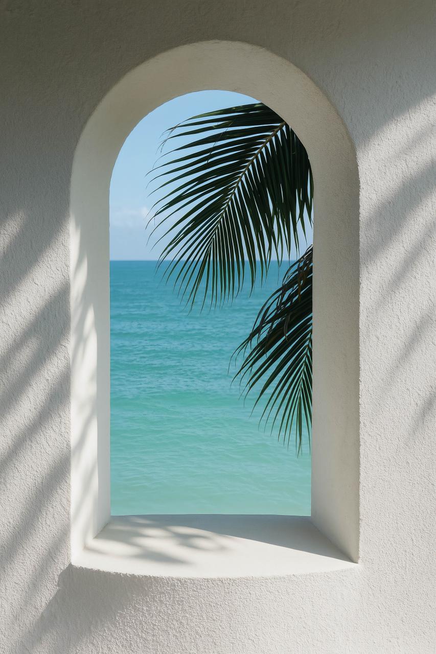 Caribbean beach with arch, sea, palm trees, tropical paradise