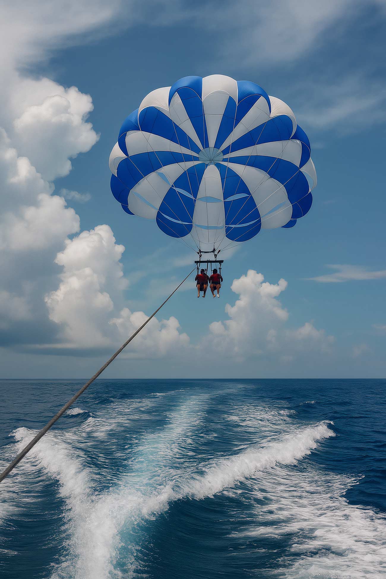 Parasailing over blue sea with parachute, extreme water sport