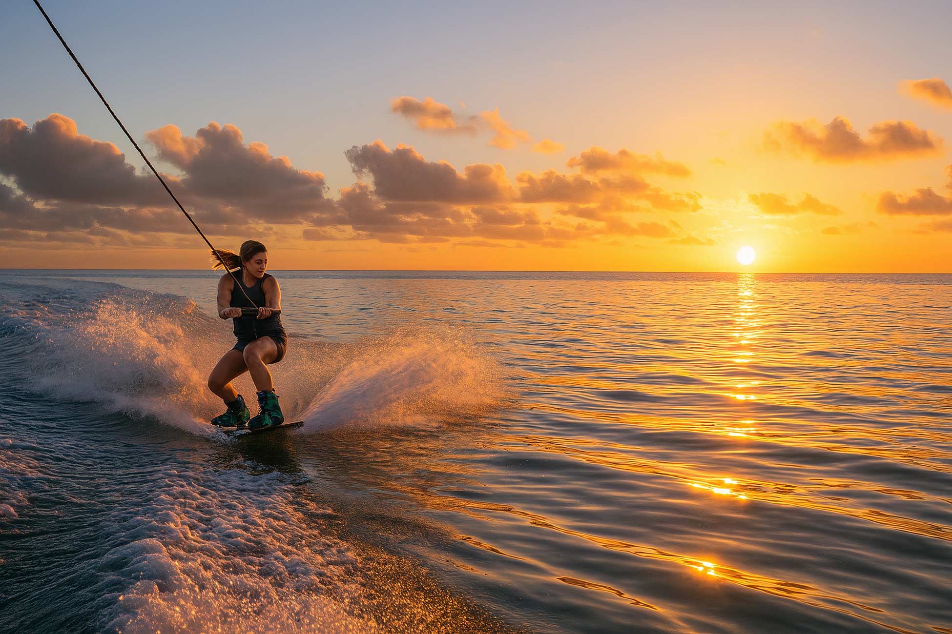 Sunset wakeboarding on water with surfboard at dusk