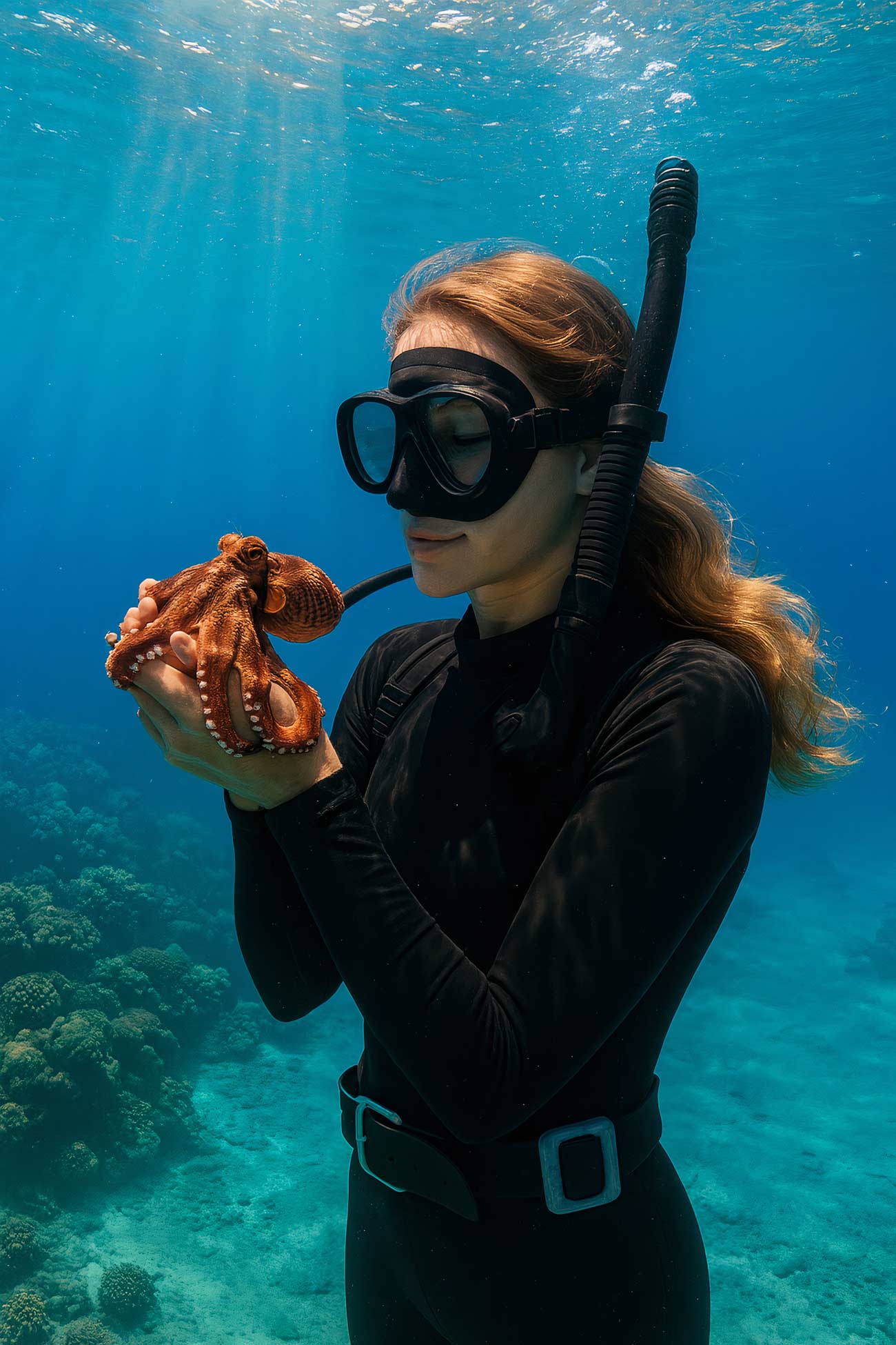 Underwater diving equipment, divemaster, wetsuit, goggles in the ocean