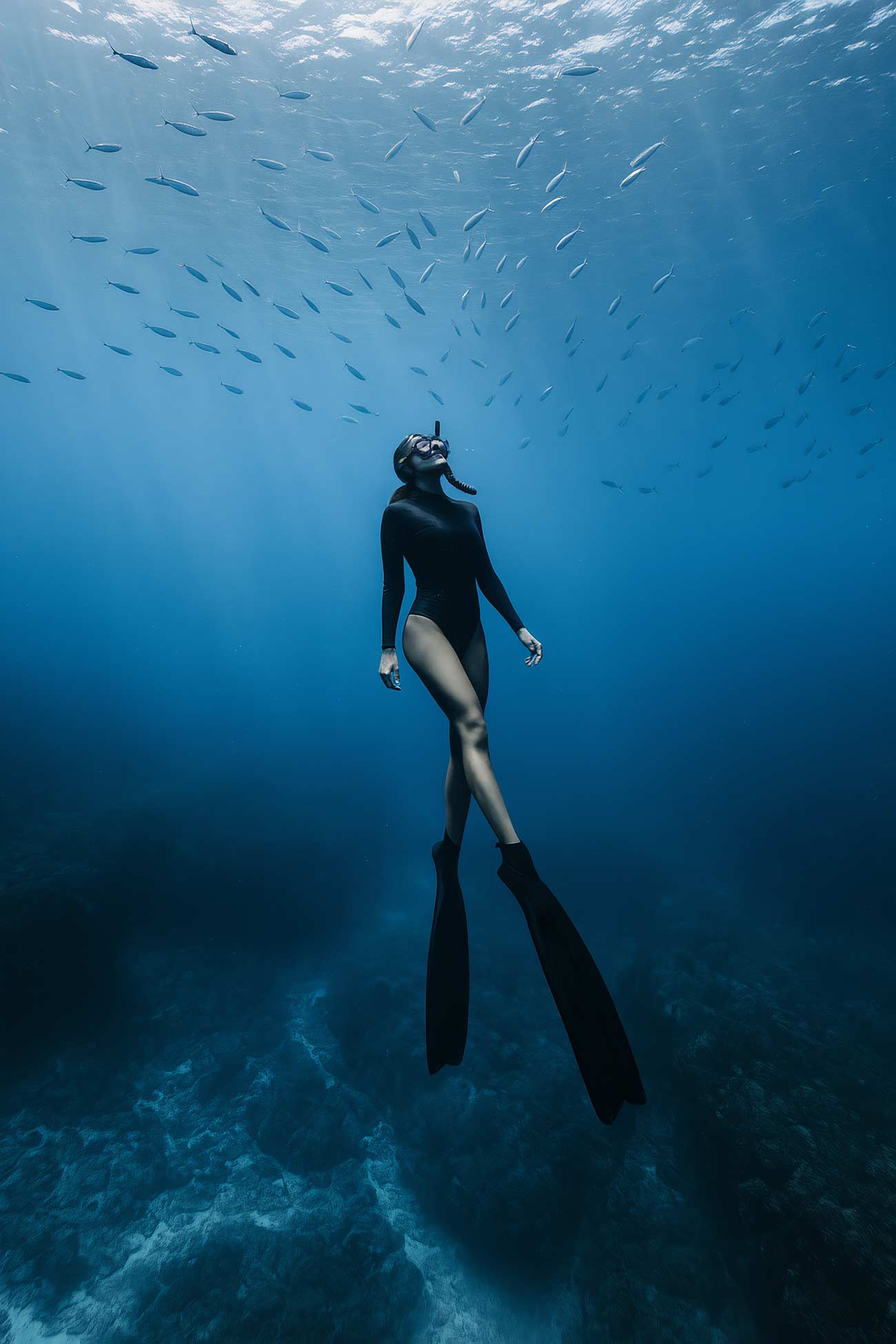 Underwater diver in wetsuit with scuba equipment