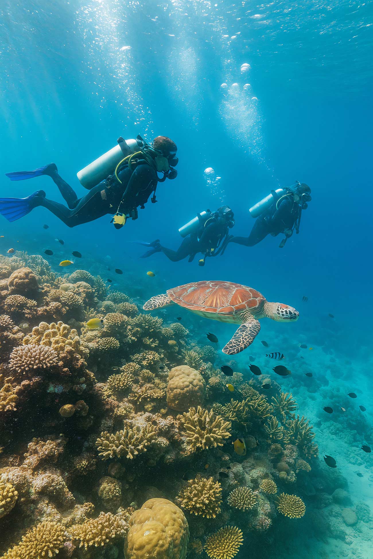 Scuba divers among stony corals underwater