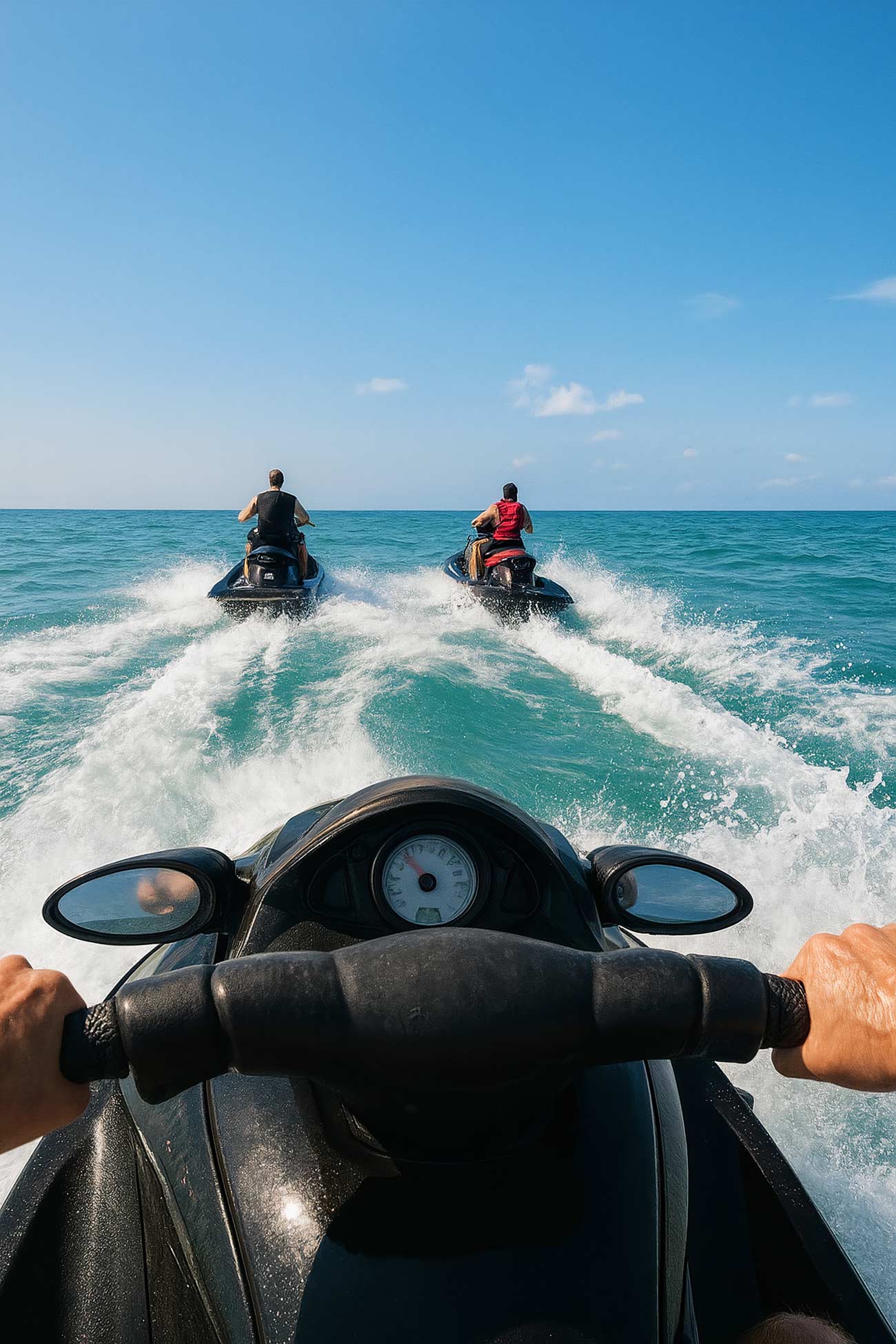 Jet ski on ocean water, couple riding personal watercraft, beach vacation
