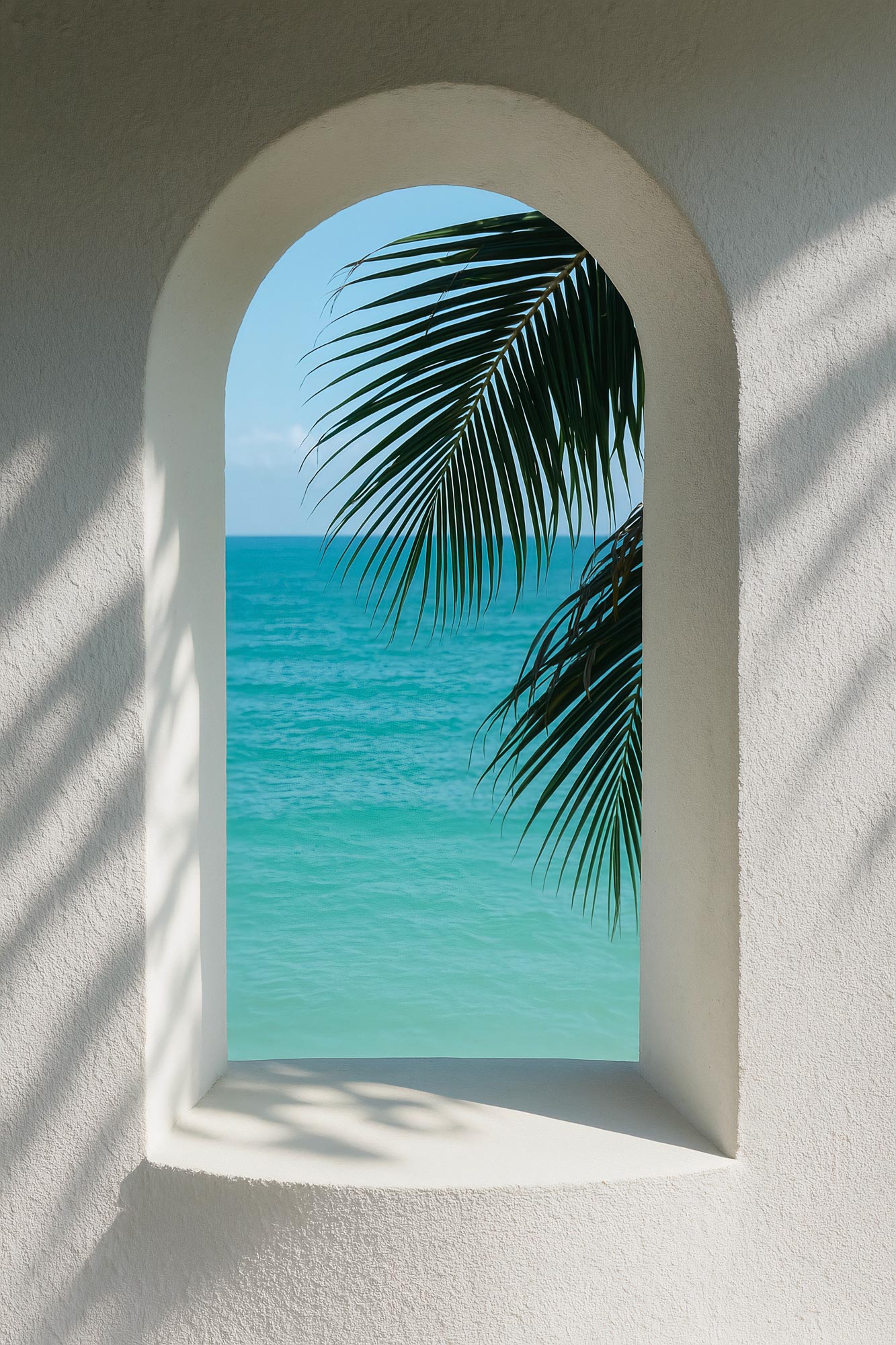 Tropical beach arch, blue sea, palm trees
