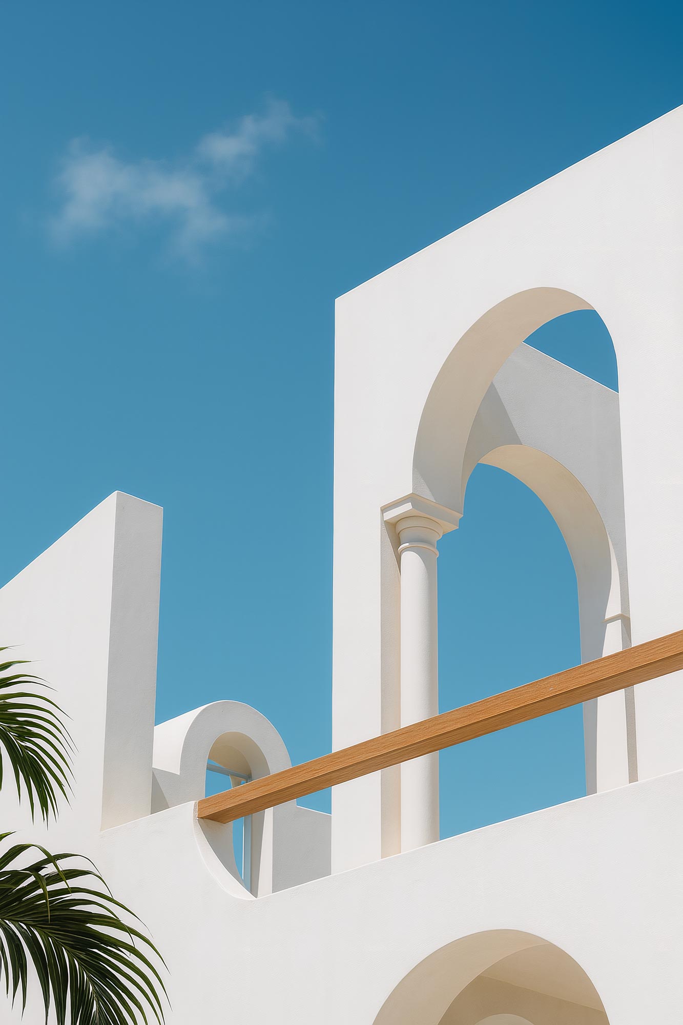 High-rise building, royal palms, arch design and arcade in urban setting