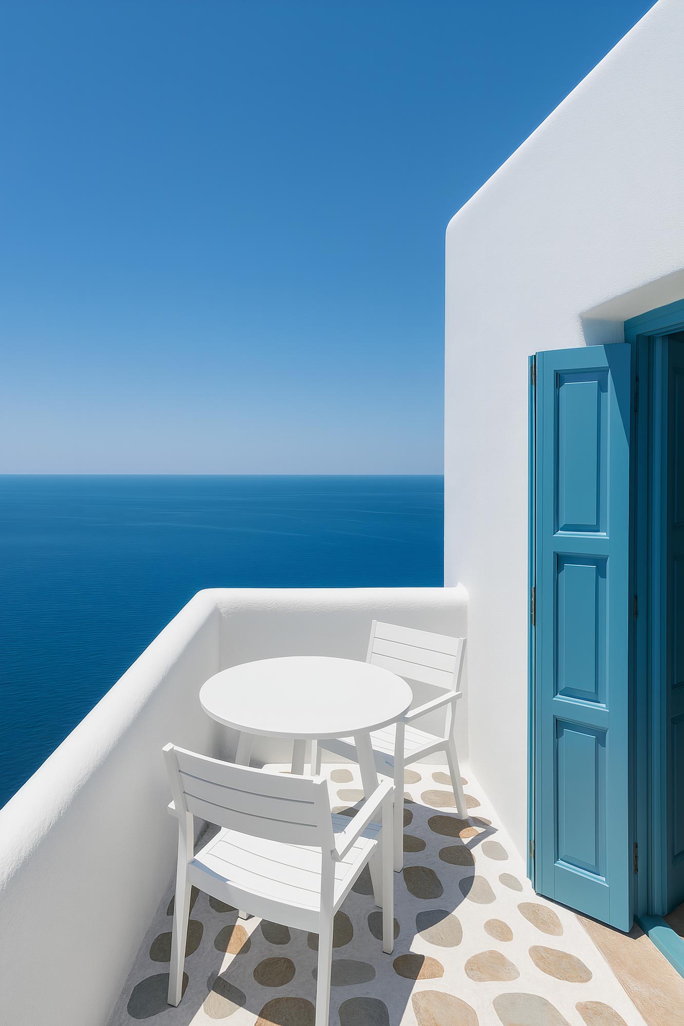 Balcony with sea view, furniture, coffee table, folding chair