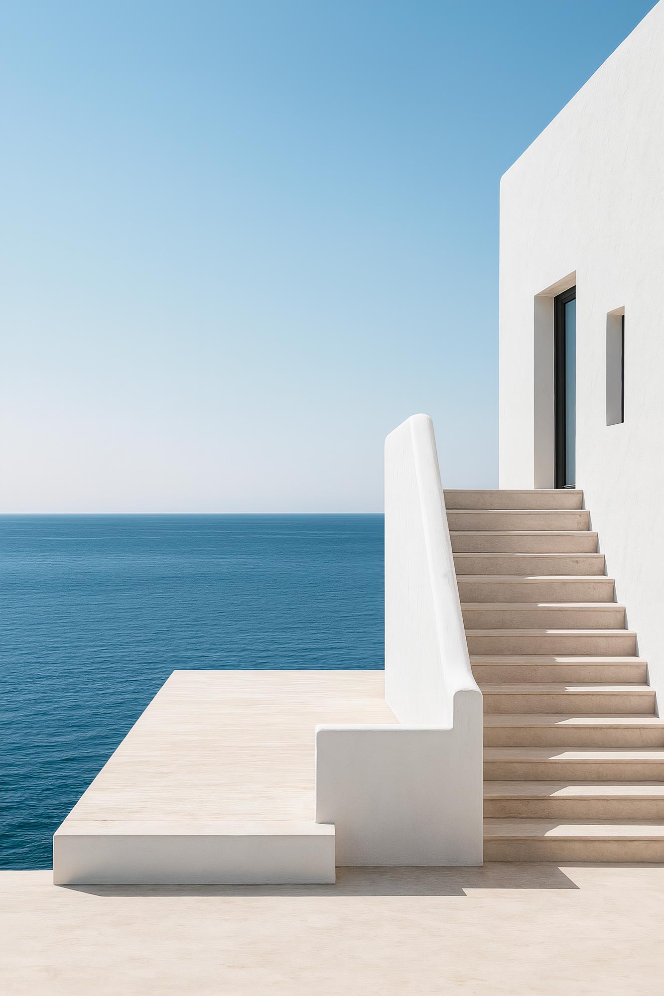 Modern beach house overlooking sea with stairs