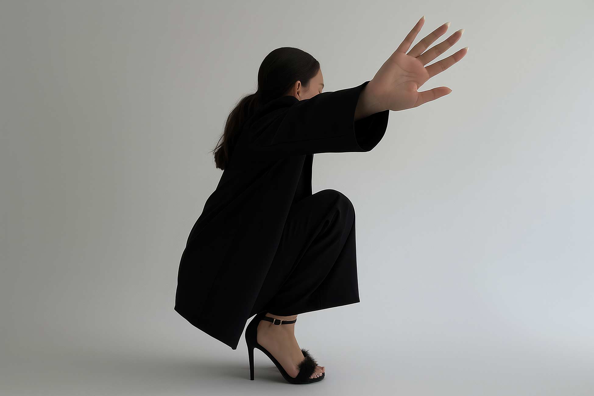 Kinomichi performer balancing on foot, elbow gesture, barefoot dancer in black attire