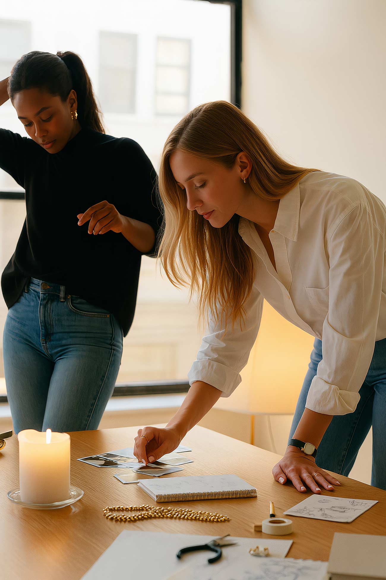 Blond girl with layered hair at desk with office supplies